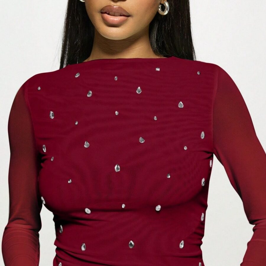 Double Layer Tulle Rhinestone Chic Long Sleeve Tee
