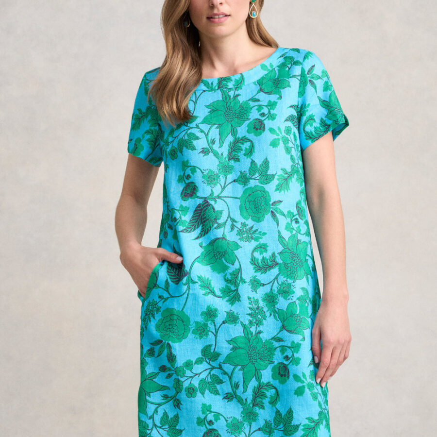 French Linen Shift Dress - Emerald Floral