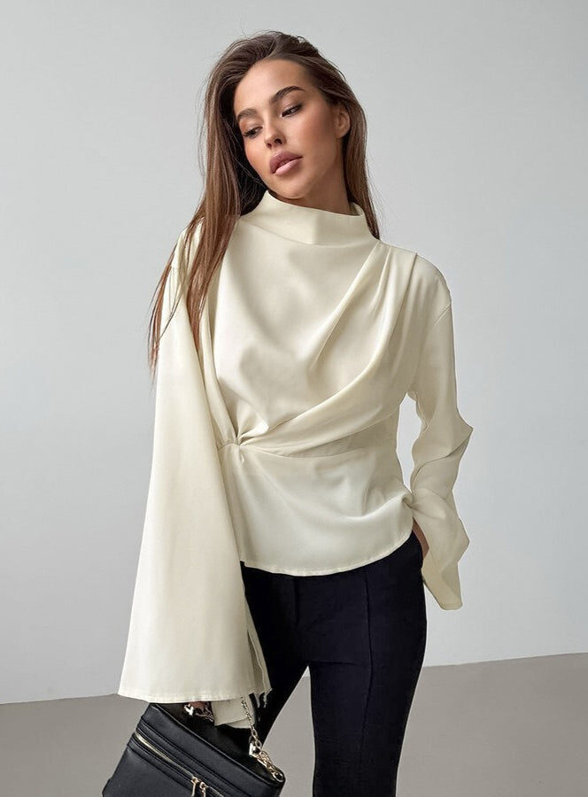 Chiffon Tie Waist Stand Collar Long Sleeve Tee