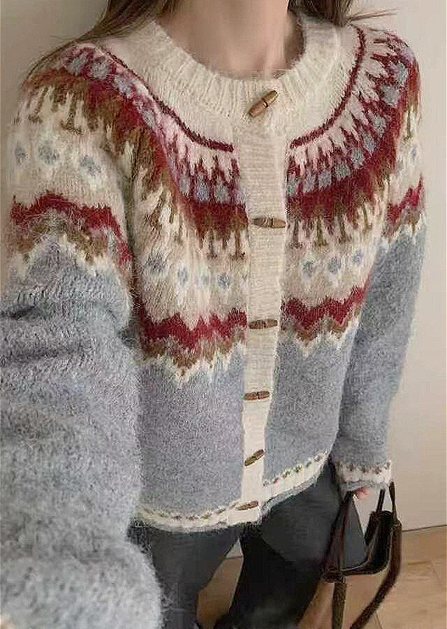 Crew Neck Fair Isle Horn Button Knit Cardigan