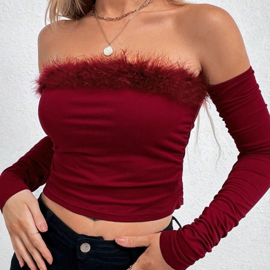 Sexy Off-Shoulder Fur Trim Paneled Long Sleeve Tee