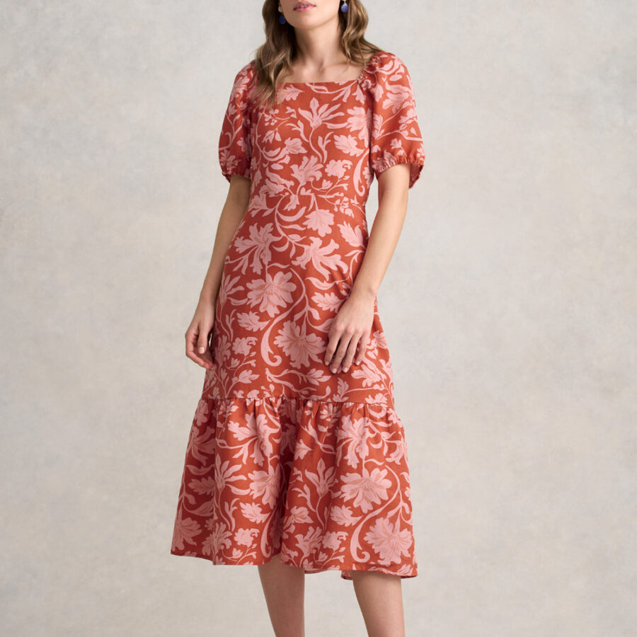 Linen Blend Printed Midi Dress – Rosewood Print