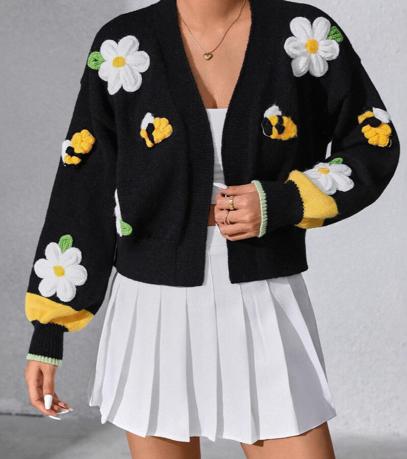 Hand-Embroidered Flower Knit Cardigan