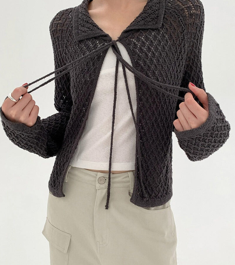 Hollow-Out Collared Tie-Waist Long-Sleeve Short Knit Cardigan