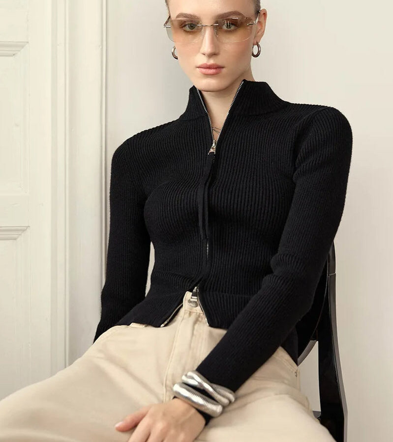 Casual Zip Front Knit Cardigan