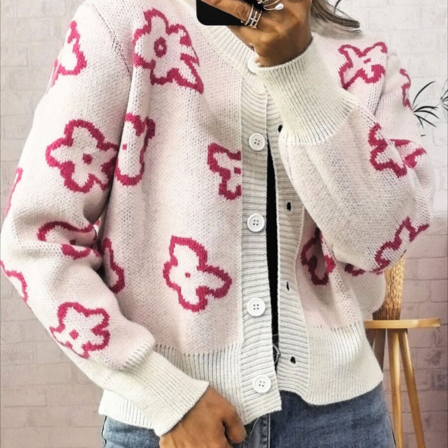 Floral Jacquard Short Single-Row Button Knit Cardigan