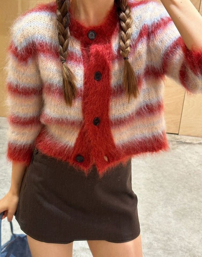 Striped Cropped Round Neck Cardigan