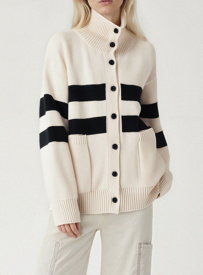 Color Block Stripe Turtleneck Loose Plus Size Knit Cardigan